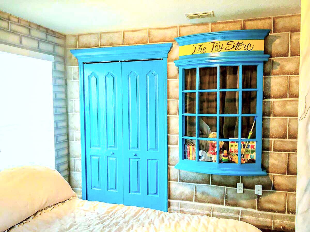 A toy store inspired by Diagon Alley built into the cobblestone wall of the Dra