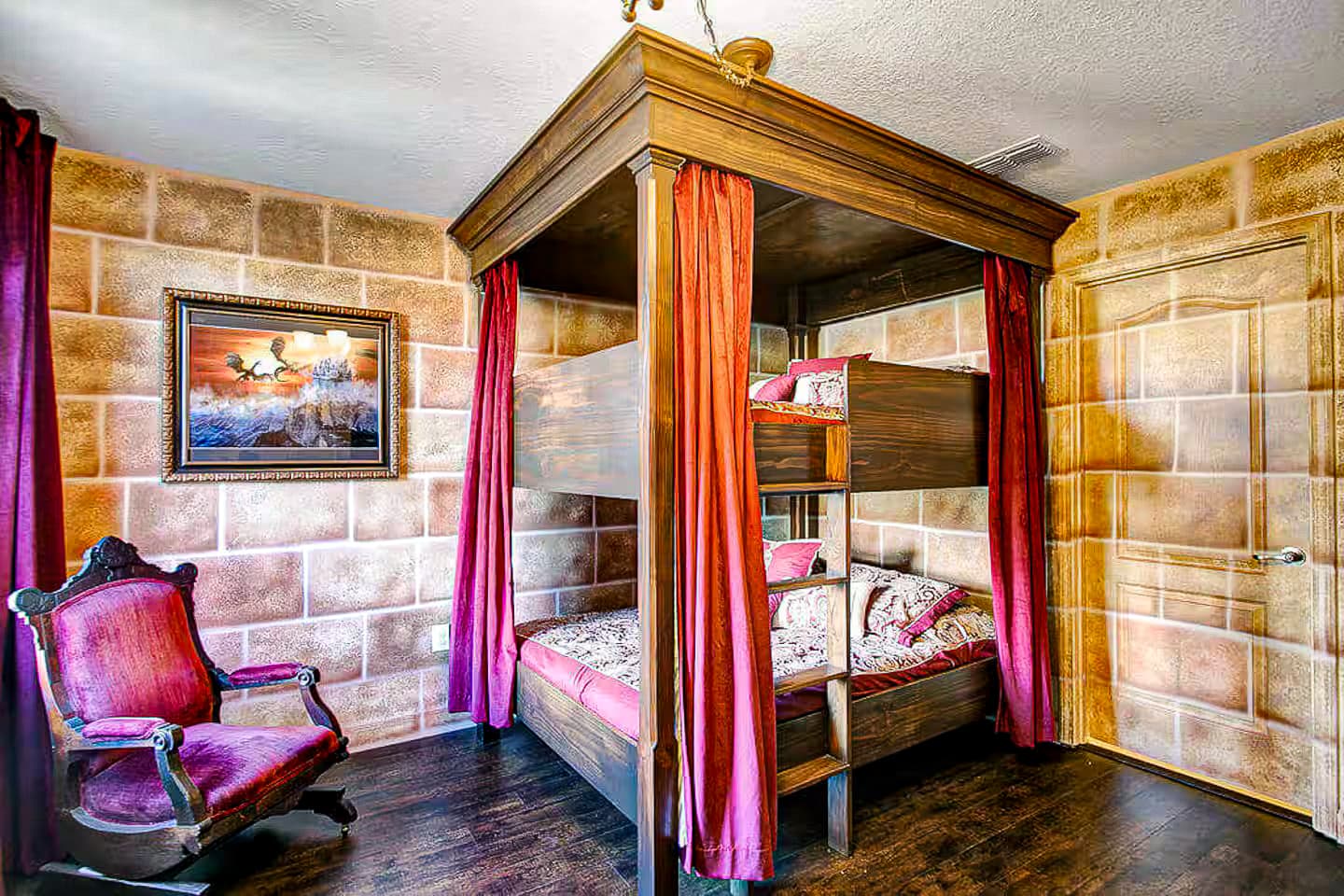 Full-size bunk beds framed in heavy oak, velvet curtains you can pull shut for p