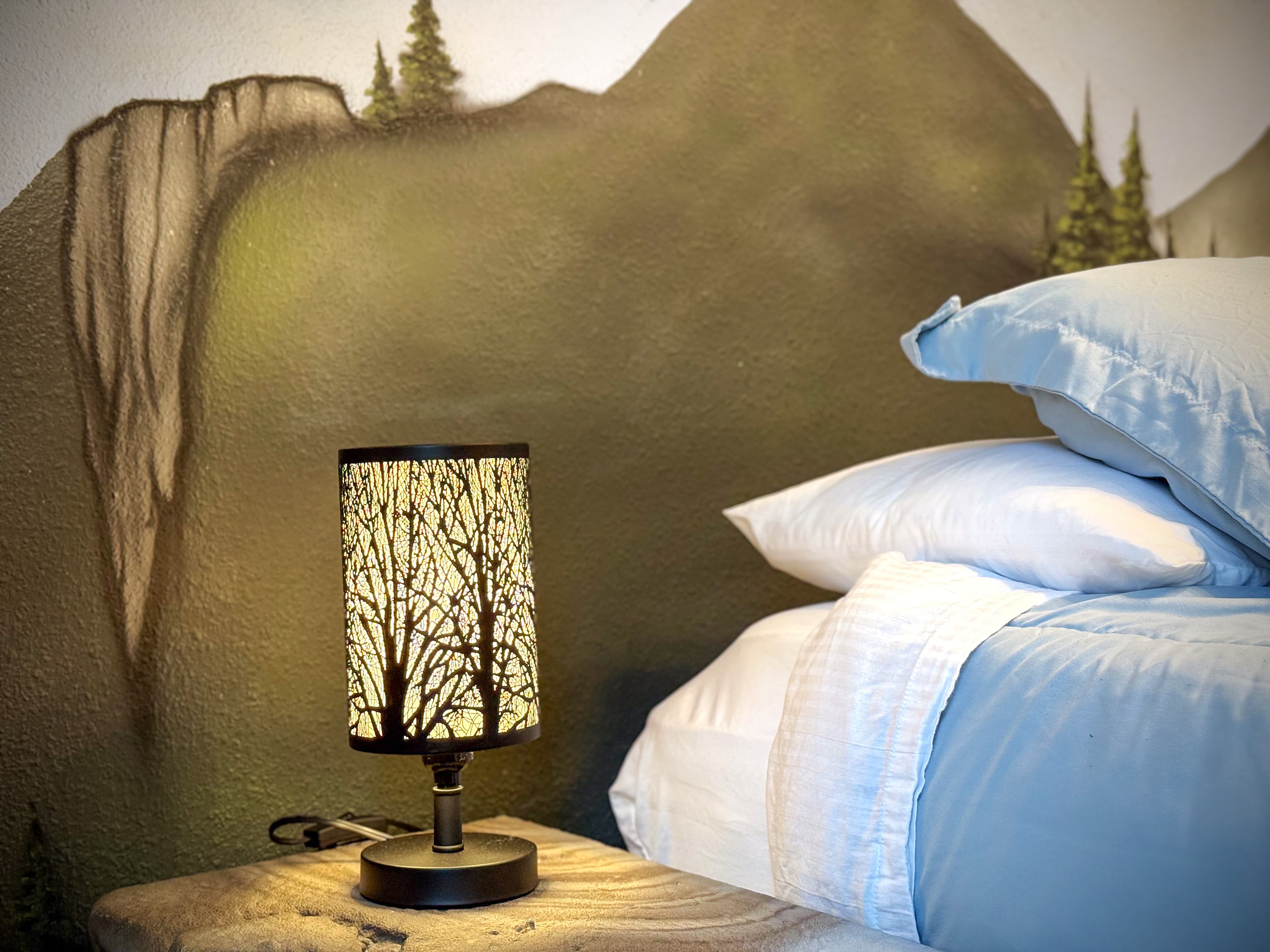 Branch-silhouette lamp casting soft shadows across plush pillows, painted cliffs