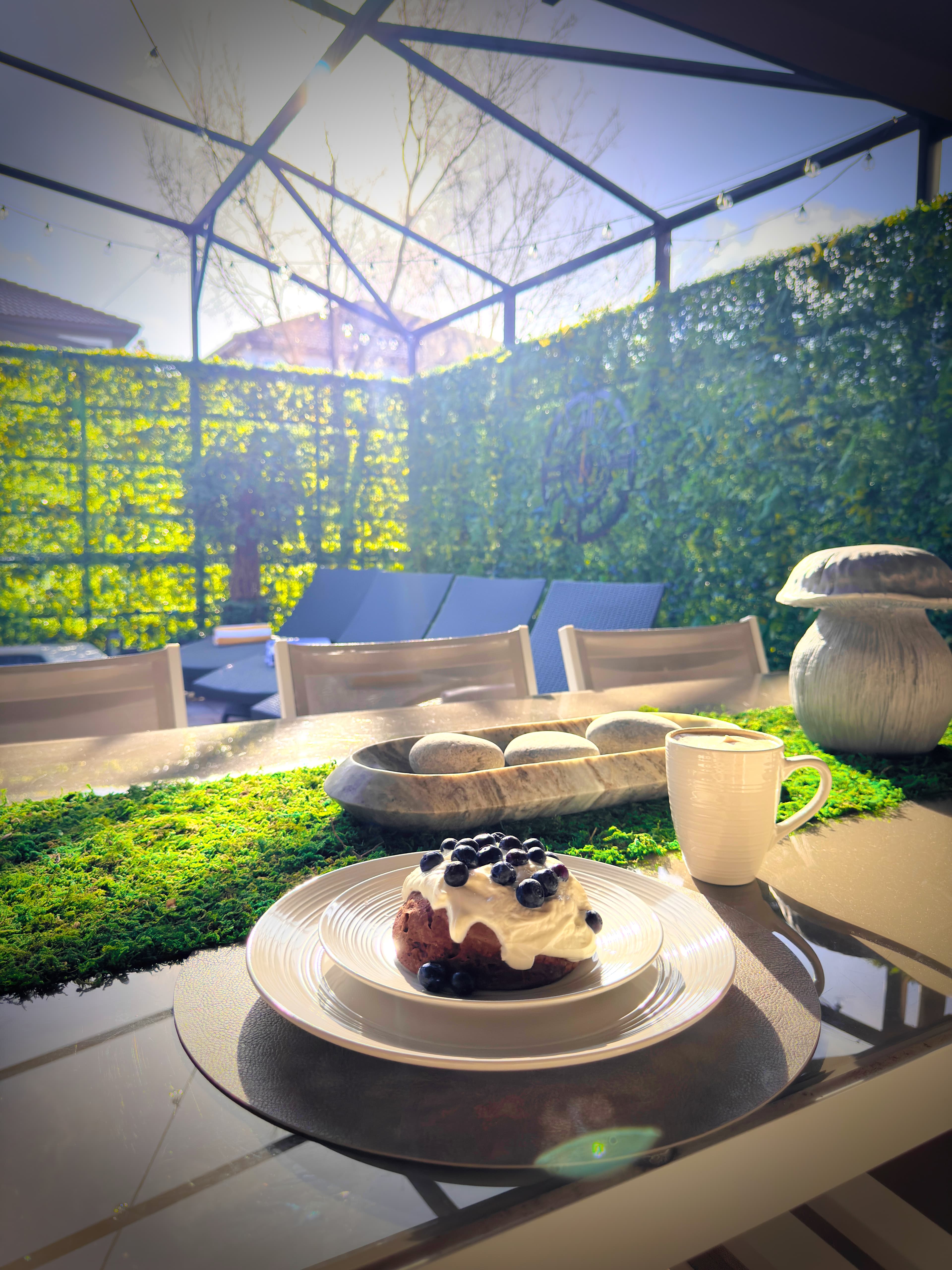 Brunch poolside with warm sun filtering through the screen. Golden light, nowher